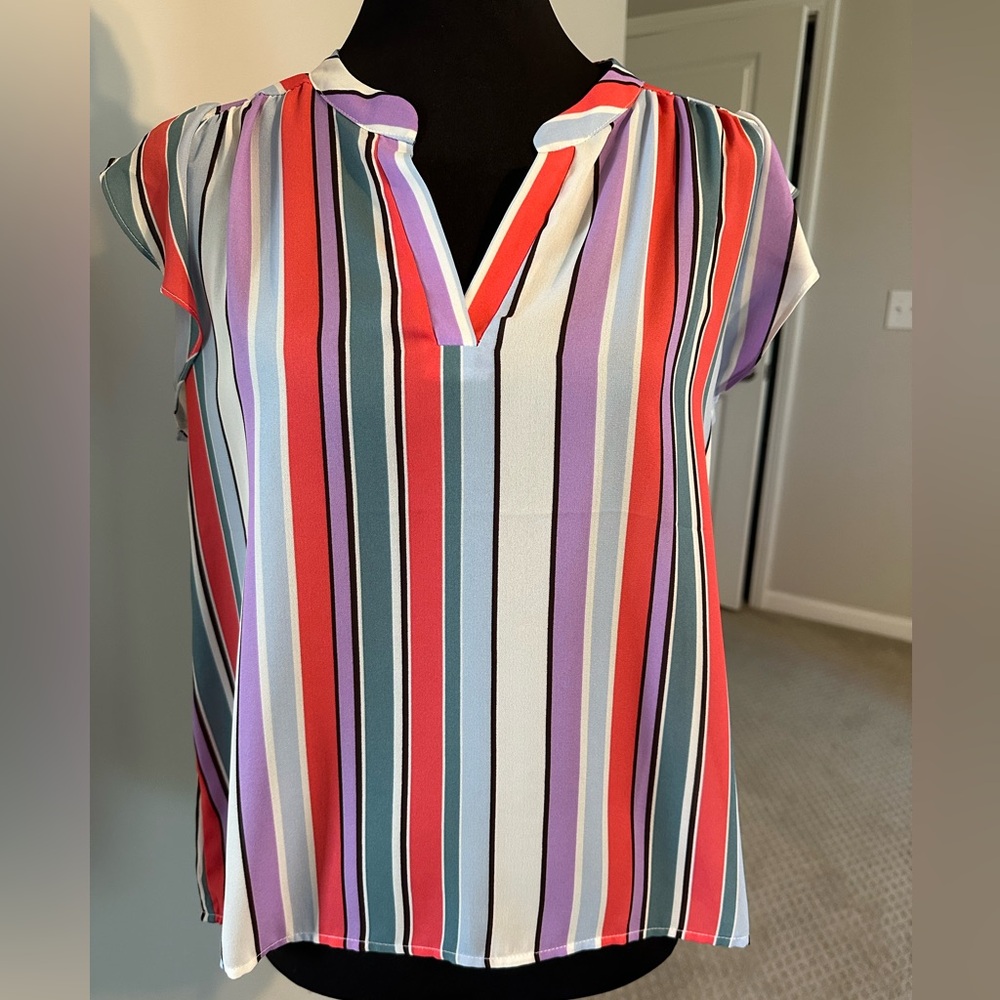 Purple and Orange Cap Sleeve Blouse with Mandarin Collar